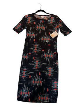 LuLaRoe Julia Black & Teal Geometric Print Women's Dress
